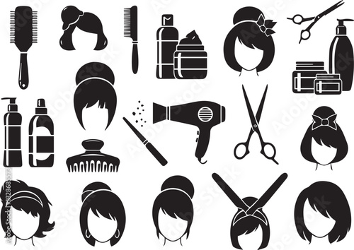 Collection of different hair styling items in black and white vector