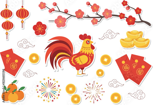 Lunar New Year Rooster Illustration with Decorations
