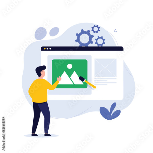 An individual engaged in the process of online image editing and content development, illustrating web design, customization, and digital creativity.