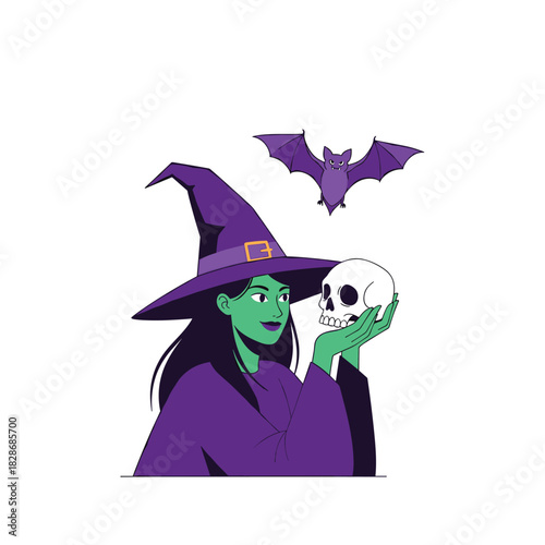 A mysterious green-skinned witch in a purple hat and robes holds a human skull, while a watchful purple bat flies above her head, creating a spooky Halloween scene.