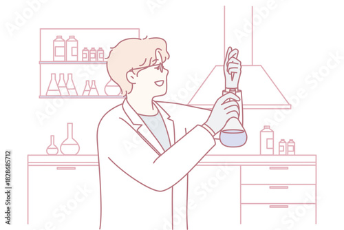 Caucasian female scientist analyzing colored solution in flask, performing controlled chemistry experiment. Clean lab environment with shelves, reagents and hood, careful handling