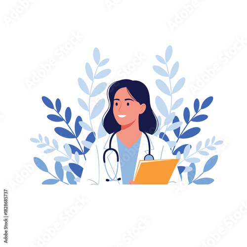 A friendly female doctor with a stethoscope and folder stands against a backdrop of natural blue leaves, embodying healthcare and well-being.