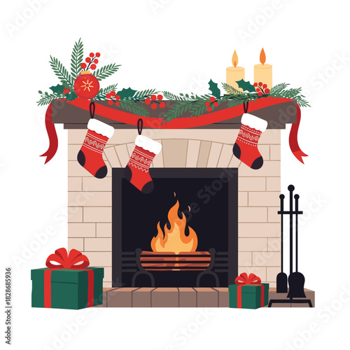 A festive Christmas fireplace scene with hanging stockings, a decorated mantel, and burning logs, surrounded by wrapped presents, creating a cozy holiday atmosphere.
