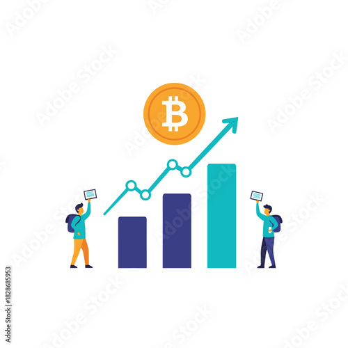 Bitcoin cryptocurrency value experiences significant growth, depicted by a rising line graph and increasing bar charts, with investors monitoring the upward trend.