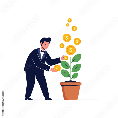 A smartly dressed man cultivates a plant that produces gold coins, symbolizing successful financial growth, investment returns, and wealth accumulation.