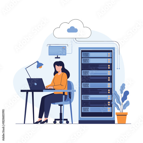 Female IT professional manages cloud computing and data server infrastructure from her desk, highlighting modern data management and network administration.