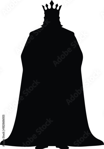Silhouette of a regal king wearing a crown and a flowing cape standing proudly against a white background