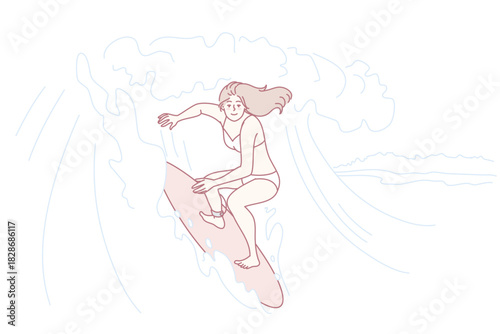 Happy woman in bikini surfing on waves in ocean on board. Smiling active female surfer have fun enjoy summer vacation. Vector illustration.