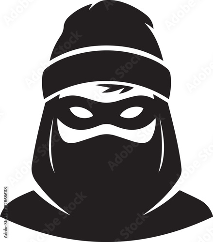 Mysterious masked figure in black beanie and face covering with glowing white eyes symbolizing crime and anonymity