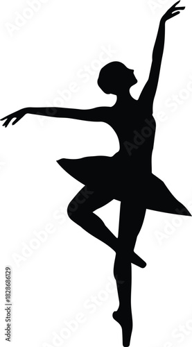 Elegant silhouette of a ballet dancer in a graceful pose with arms extended and tutu flowing against a white background
