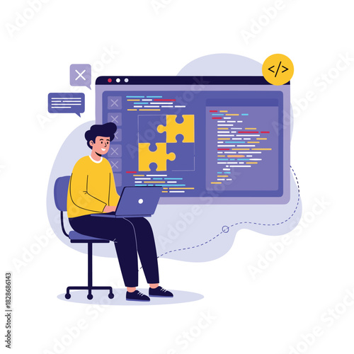 A focused male developer works on a laptop, with a large screen displaying code lines, puzzle logic, and user interface elements, symbolizing software development and problem-solving.