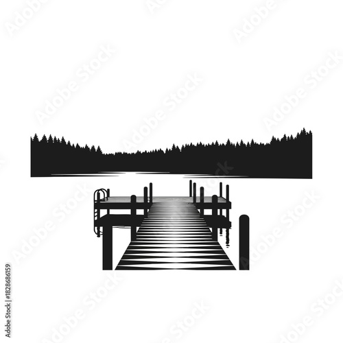 Monochrome serenity: Lakeside pier silhouette against a tranquil forest