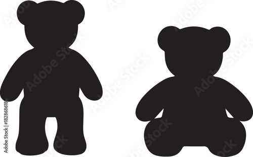 Two black silhouette teddy bear toys standing side by side against a white background one taller and one shorter