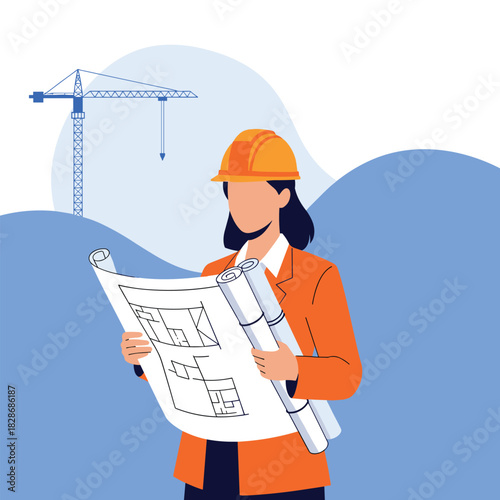 A female engineer in a hard hat reviews blueprints, showcasing professional expertise in construction and architecture, with a building crane indicating ongoing project development.