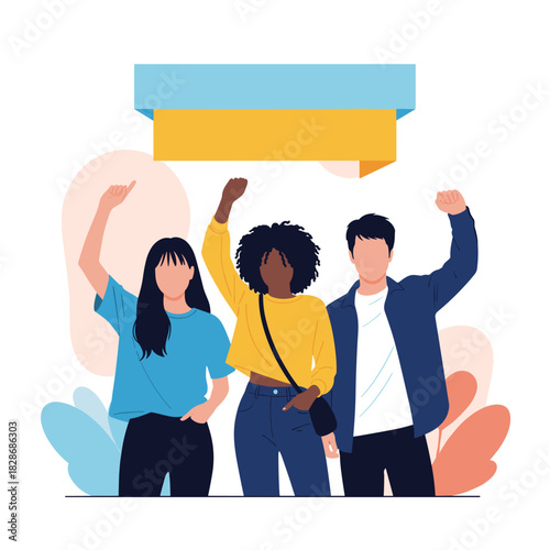 Diverse young people raise their fists in protest and solidarity, supporting human rights and freedom with a banner featuring Ukrainian flag colors.