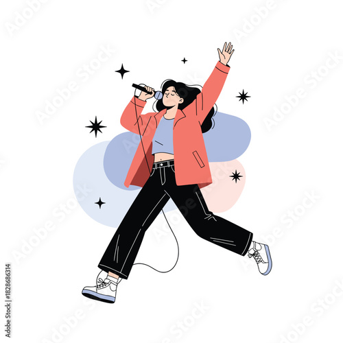 Energetic female singer performs live on stage, passionately holding a microphone and jumping with excitement amidst abstract shapes and stars.