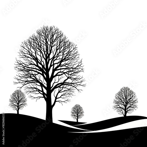 Monochrome depiction of barren trees on rolling terrain, evoking solitude