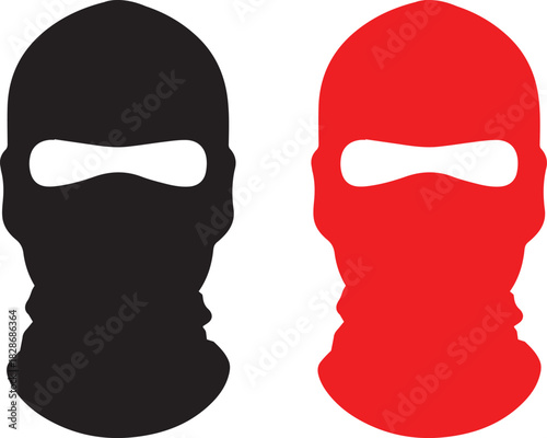Two stylized heads wearing balaclava masks one black and one red against a white background representing anonymity and disguise