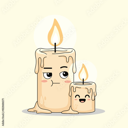 A charming cartoon depicts a large, disgruntled candle seemingly irritated by a smaller, gleefully laughing candle, both shedding wax and radiating light.