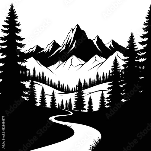 Monochrome Mountain Landscape with Evergreen Forest and Winding Path