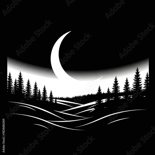 Monochrome Vector Landscape with Crescent Moon and Coniferous Trees Silhouette