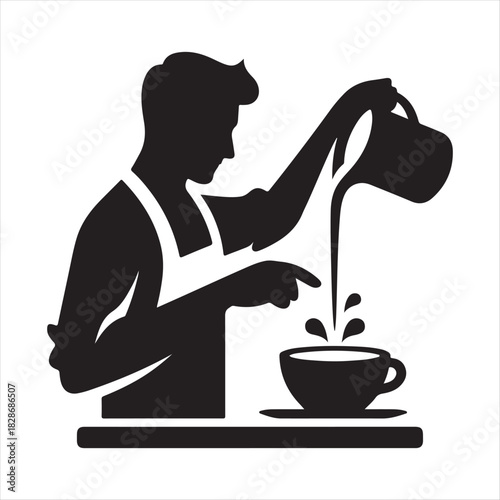 Barista Pouring Latte vector silhouette outline logo design concept illustration
