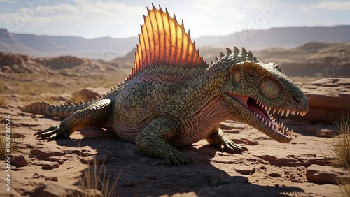 Dimetrodon in a prehistoric landscape, a 3D rendering.