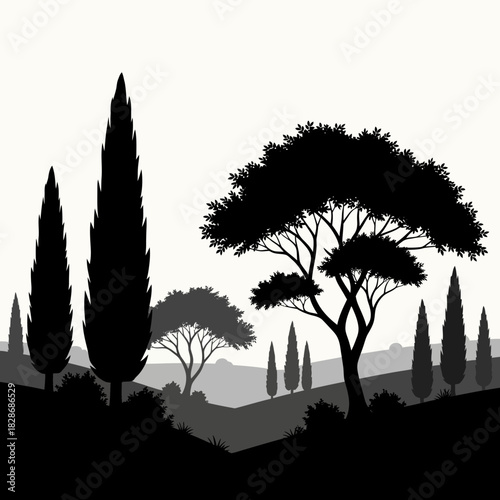 Serene Tuscan Landscape Silhouette with Cypress Trees and Rolling Hills