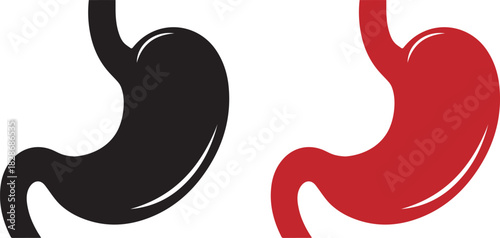 Two stylized anatomical illustrations of the human stomach organ in black and red on a white background representing health and disease