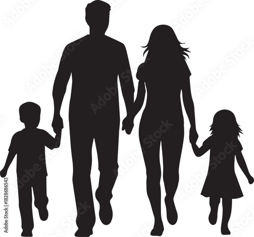 Silhouette of a loving family of four walking together holding hands with parents and two children against a white background