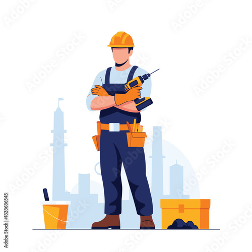 A skilled construction worker stands confidently, ready for work with a power drill in hand, against a modern urban backdrop, embodying professionalism and hands-on expertise.