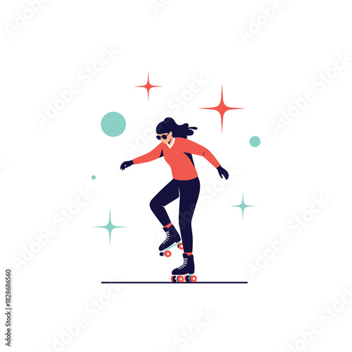 A stylish woman roller skating, balancing on one foot, surrounded by sparkling elements and dots, embodying fun and retro recreation.
