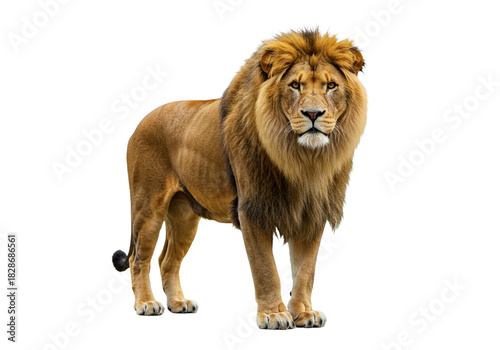Side view of a Lion walking, looking at the camera, Panthera Leo, 10 years old, isolated on a white transparent background