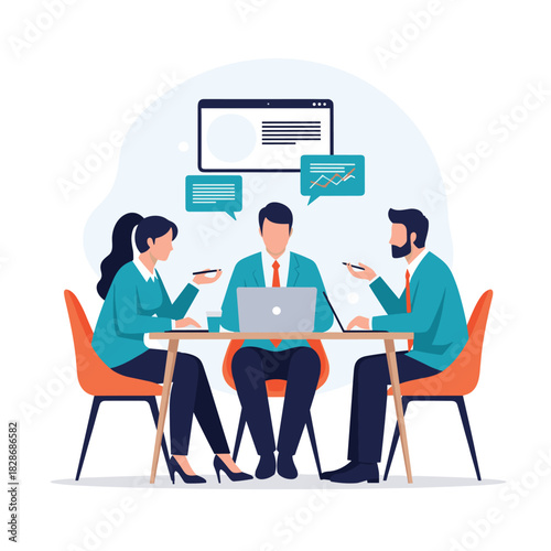 Business professionals collaborate in a modern office meeting, discussing strategies and analyzing data with digital tools and effective communication.