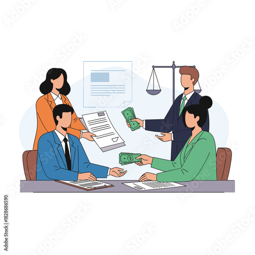 Legal professionals and businesspeople engage in a financial transaction, exchanging documents and cash with the scales of justice in the background, symbolizing a settlement or deal.