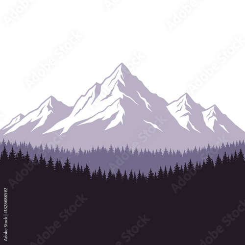 Tranquil alpine landscape with mountains and woodland in silhouette