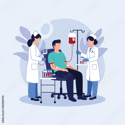 A man donates blood under the supervision of two medical professionals in a healthcare setting, emphasizing the importance of blood drives and health.
