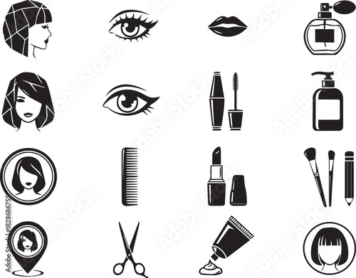 Black and white beauty and cosmetic icons for graphic design projects