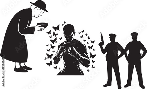 Boxer beggar and police officer character icons set