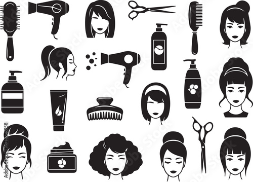 Black and white beauty salon seamless pattern hairstyle and accessories