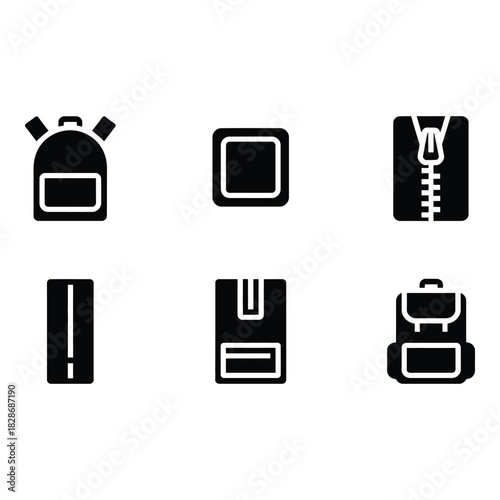 Collection of black and white icons representing backpacks and zippers