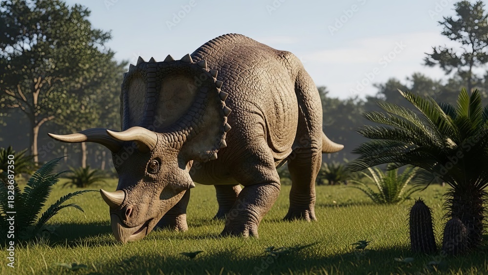 Fototapeta premium Eotriceratops Grazing in a Prehistoric Landscape, Digital Art.