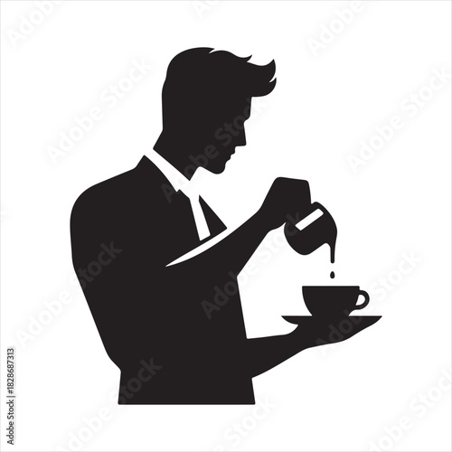 Barista Pouring Latte vector silhouette outline logo design concept illustration