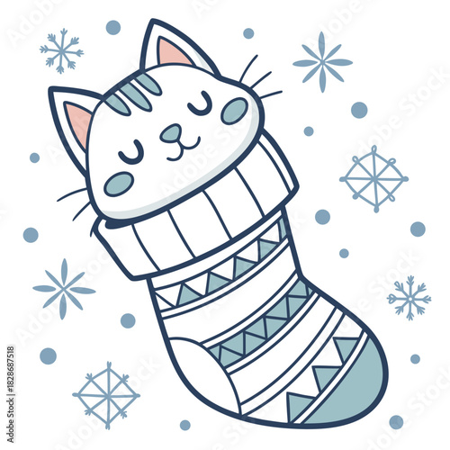Frosty Winter colored American Shorthair with a Content touch, placed in a Cozy winter theme and styled with snuggled in a sock