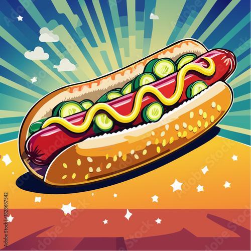 Hot Dog mit Gurken und Senf - Cartoon Comic Stil