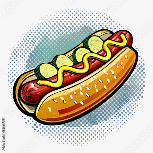 Hot Dog mit Gurken und Senf - Cartoon Comic Stil