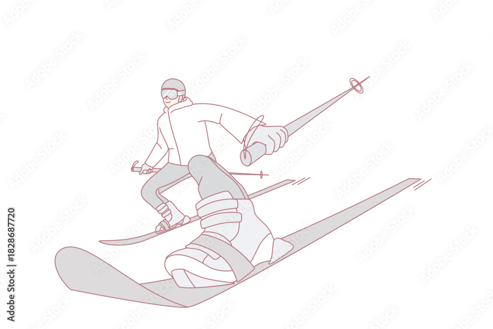 Fototapeta premium Man in outerwear skiing on snow hill on vacation. Excited person do active extreme winter sports on holidays. Flat vector illustration.