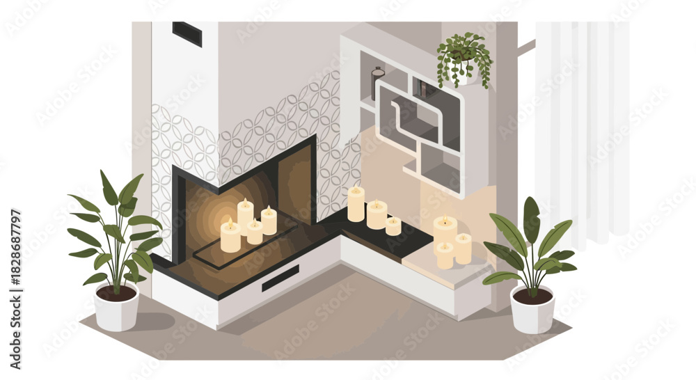 Obraz premium Isometric view showcasing a cozy modern living room interior with a fireplace and candlelight