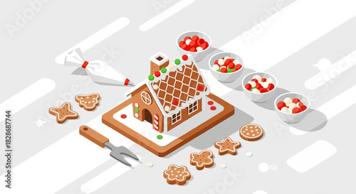 Isometric gingerbread house construction with confectionery elements for winter celebrations