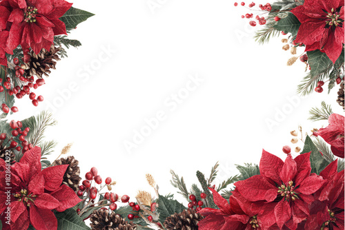 Holiday Poinsettia Frame with Evergreen Foliage